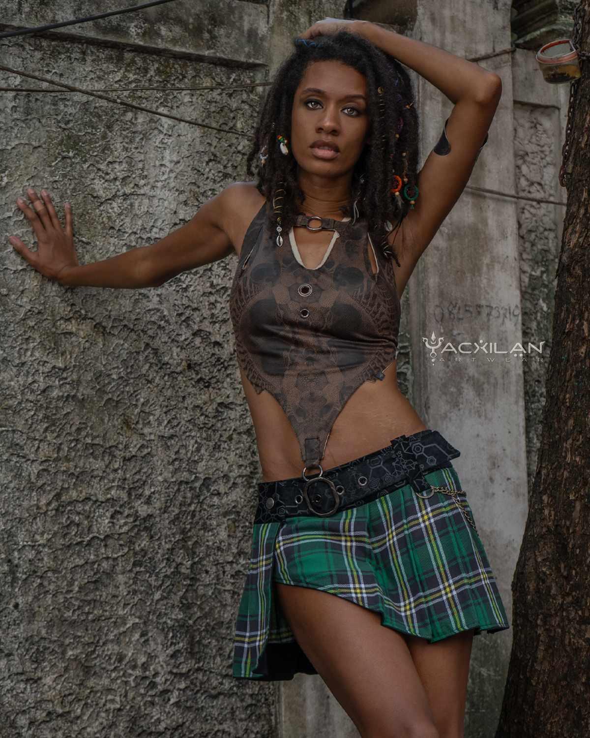 Kilt Black Velvet SHAMANKA Green Tartann, Corset Fake Leather, Brown Dots SANDOKAN